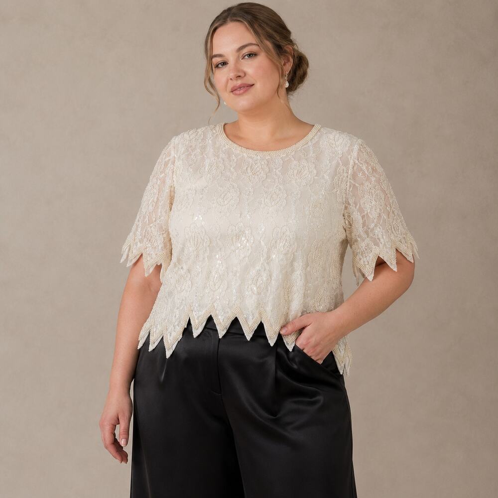 Laurence Kazar Vintage Ivory Beaded Lace Pearl Sequin Blouse XXL Bridal Fairy